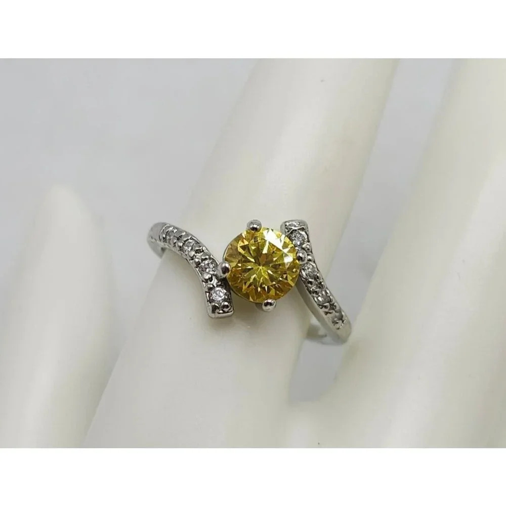 Canary Yellow Rhinestone Tension Set Ring Pave Cubic Zirconia Silver Tone Size 9